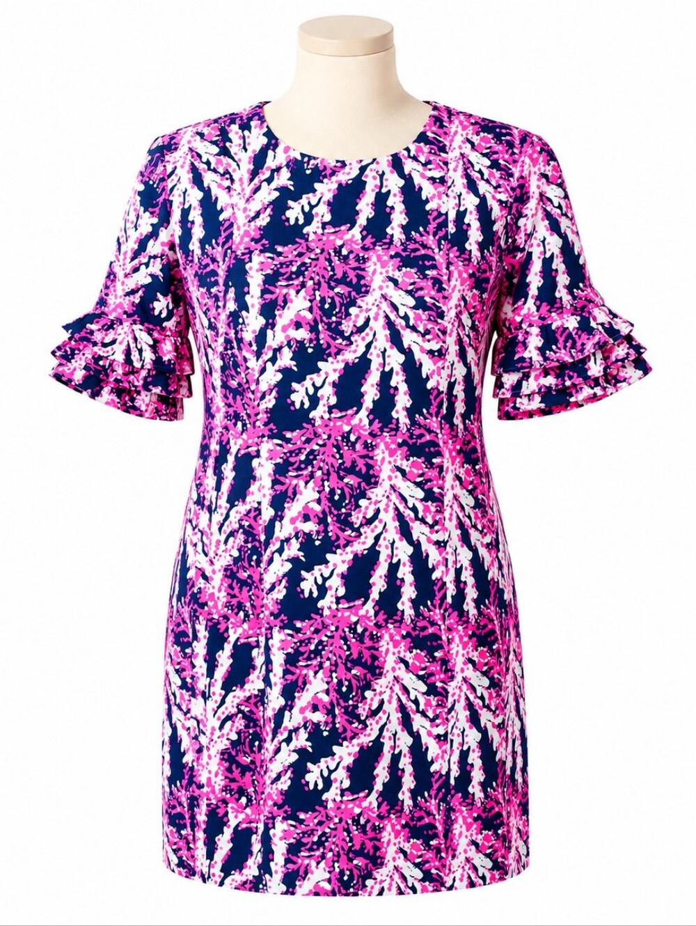 Lilly Pulitzer Fiesta Shift Dress Sz 2 Beyond The Sea Coral Pink Navy Ruffle
